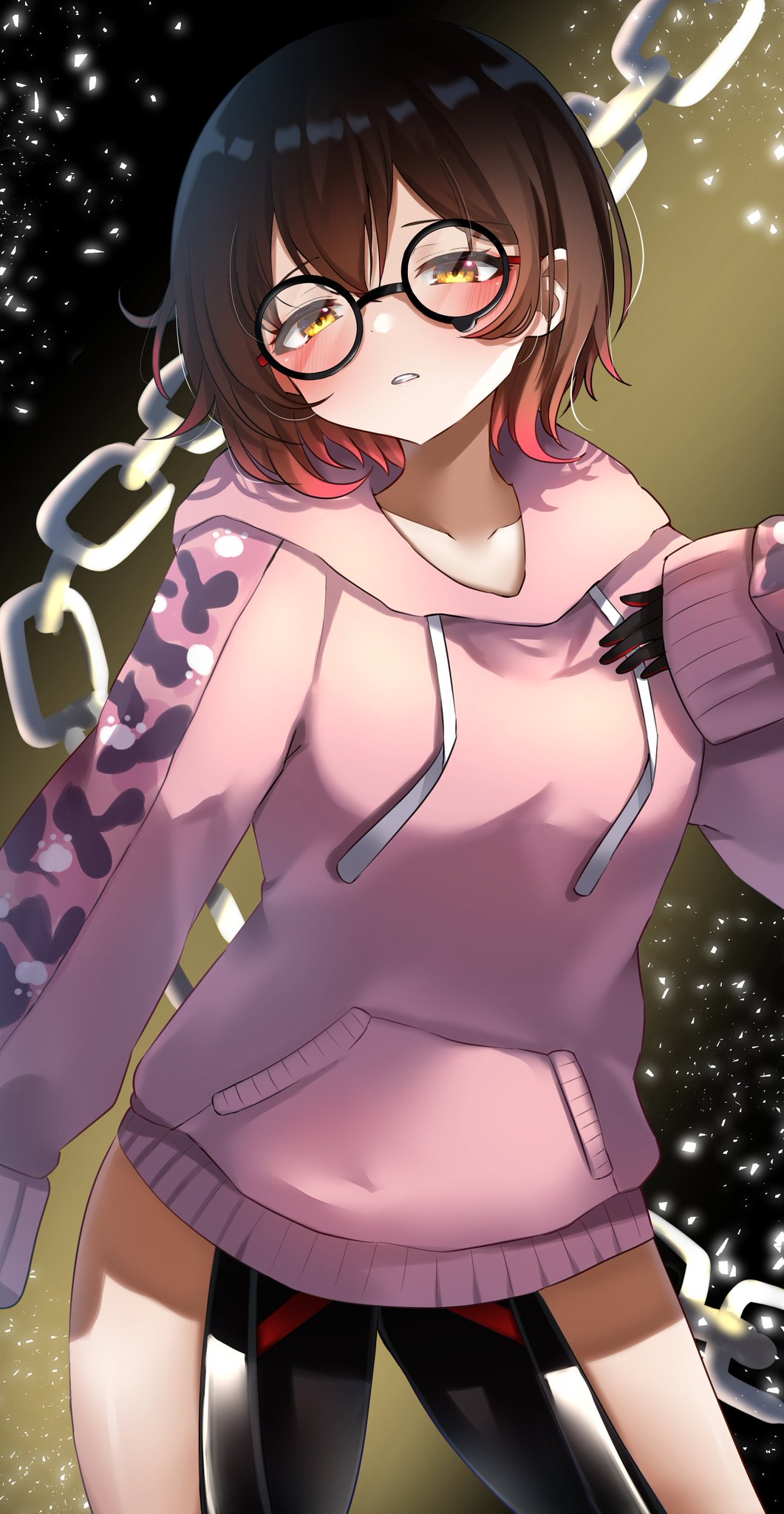 1girl, black-framed_eyewear, blush, brown_hair, cowboy_shot, glasses, gradient_hair, hand_on_own_chest