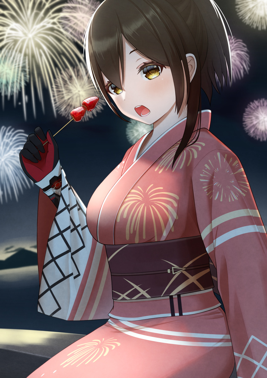 absurdres, alternate_hairstyle, bangs, breasts, brown_hair, commentary, diagonal_bangs, fireworks, hair_between_eyes, highres, hololive, japanese_clothes, kimono, koto_(miyakokoto), mechanical_arms, medium_breasts, obi, pink_kimono, ponytail, print_kimono, roboco-san, sash, short_hair, virtual_youtuber, yellow_eyes, yukata