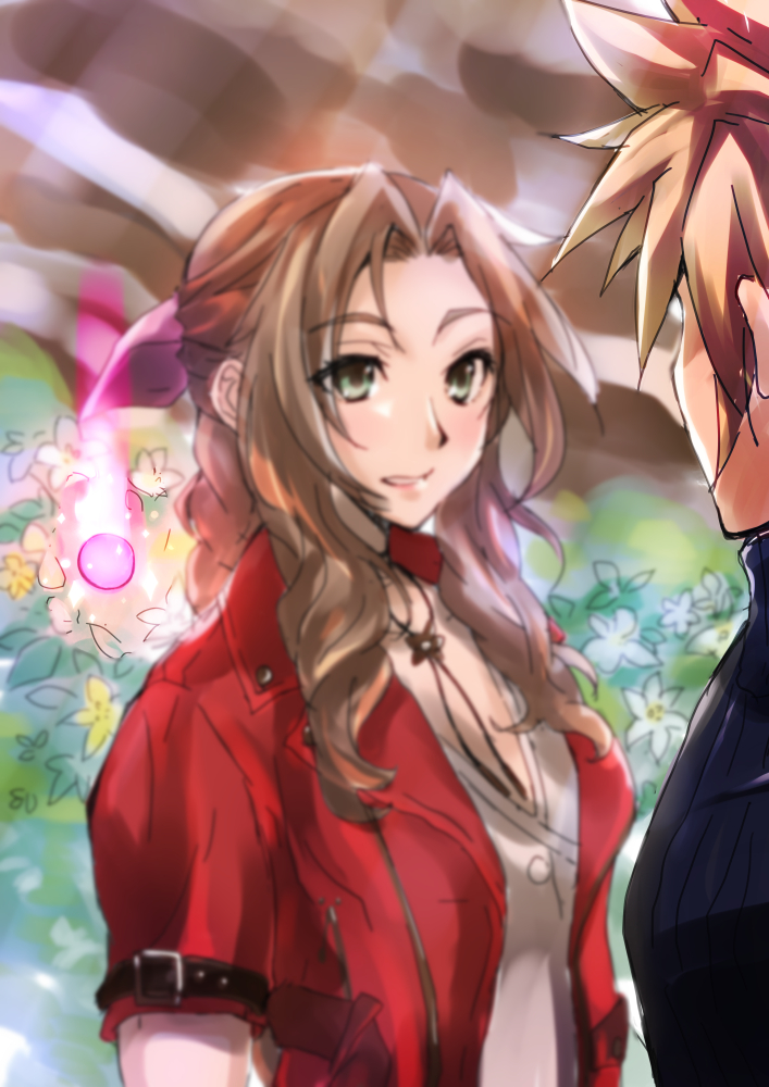 1boy, 1girl, aerith_gainsborough, bangs, blonde_hair, blue_shirt, blurry_vision, braid