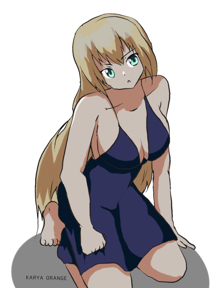 1girl, absurdres, blonde_hair, blue_eyes, dress, highres, karyaorange, looking_at_viewer, non-web_source, solo