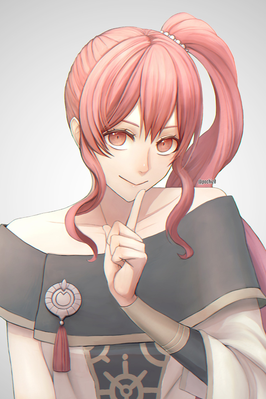 1girl, anna_(fire_emblem), bangs, bare_shoulders, closed_mouth, collarbone, commentary, fire_emblem, fire_emblem:_three_houses, grey_background, hair_between_eyes, highres, index_finger_raised, long_hair, looking_at_viewer, off_shoulder, pochiz0, ponytail, red_eyes, redhead, sidelocks, simple_background, smile, solo, twitter_username, very_long_hair