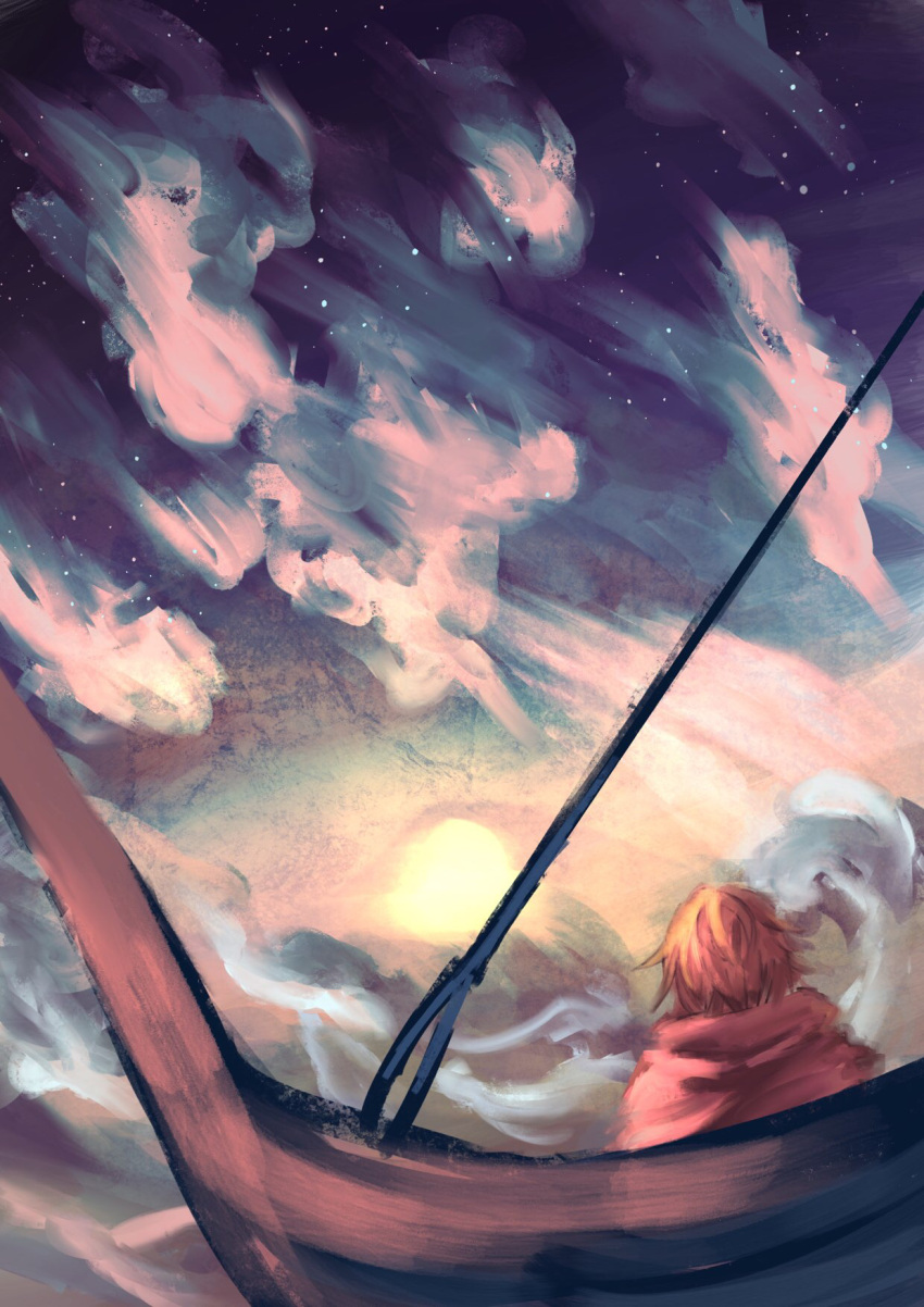 1boy, blonde_hair, cape, facing_away, highres, longship, male_focus, ocean, ship, short_hair, sunset, thorfinn, user_acgj7373, viking, vinland_saga, watercraft