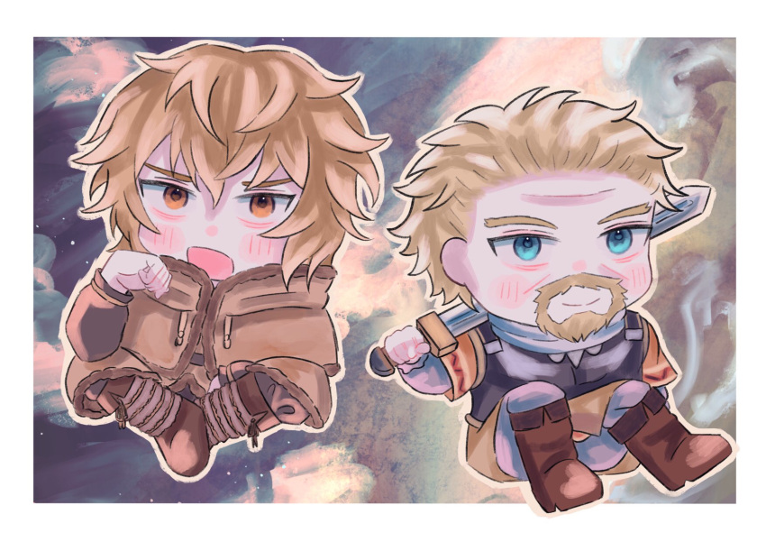 2boys, armor, askeladd, blonde_hair, blue_eyes, breastplate, cape, chibi, facial_hair, fur_trim, highres, male_focus, multiple_boys, short_hair, sword, thorfinn, user_acgj7373, vinland_saga, weapon, yellow_eyes