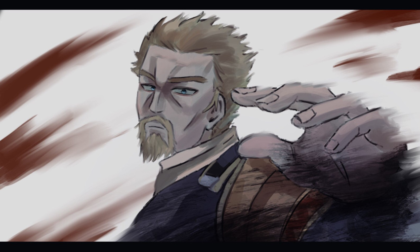 1boy, askeladd, blonde_hair, blood, blue_eyes, facial_hair, male_focus, short_hair