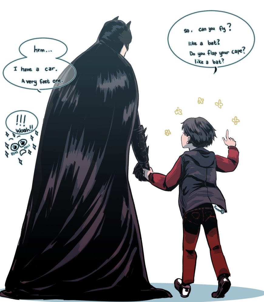 !, !!, 2boys, adoption, batman, batman_(series), black_cape, black_hair