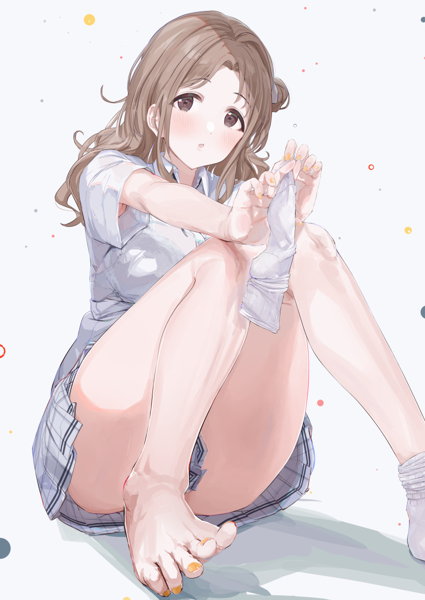 1girl, absurdres, bare_legs, barefoot, brown_eyes, brown_hair, commentary_request, hair_bun
