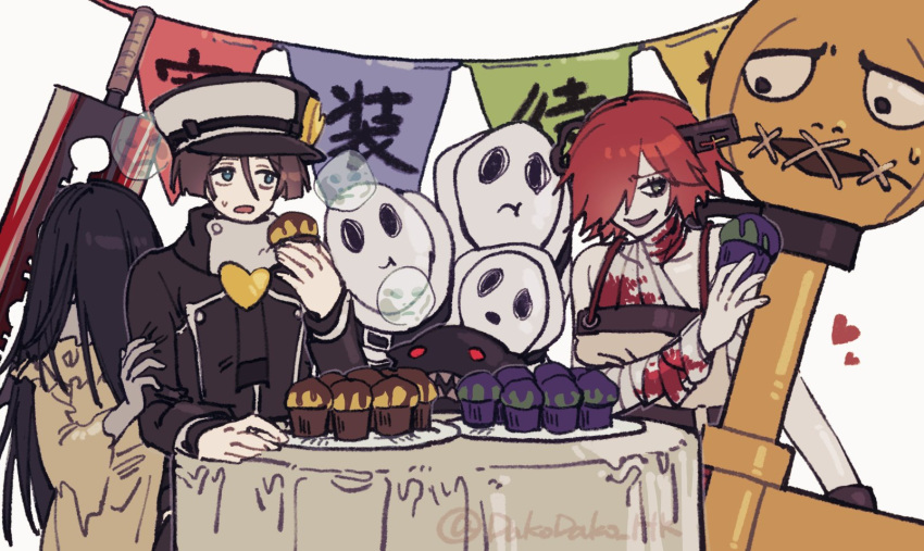 1boy, 2girls, a.b.a, food, ghost, guilty_gear, halloween, highres
