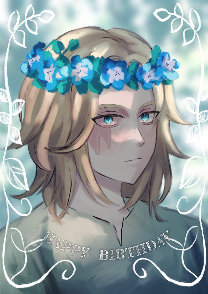 1girl, blonde_hair, blue_eyes, flower, happy_birthday, head_wreath, highres, hild_(vinland_saga)