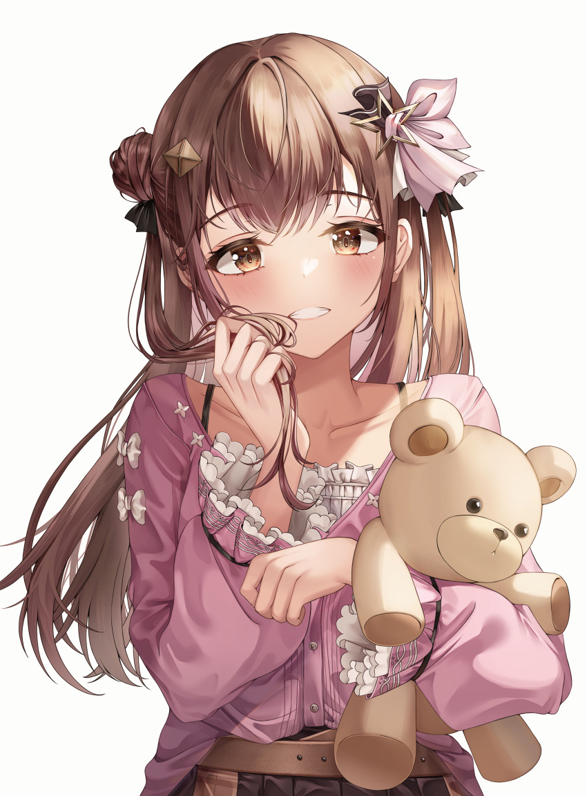 1girl, absurdres, belt, blush, brown_eyes, brown_hair, brown_skirt, camisole