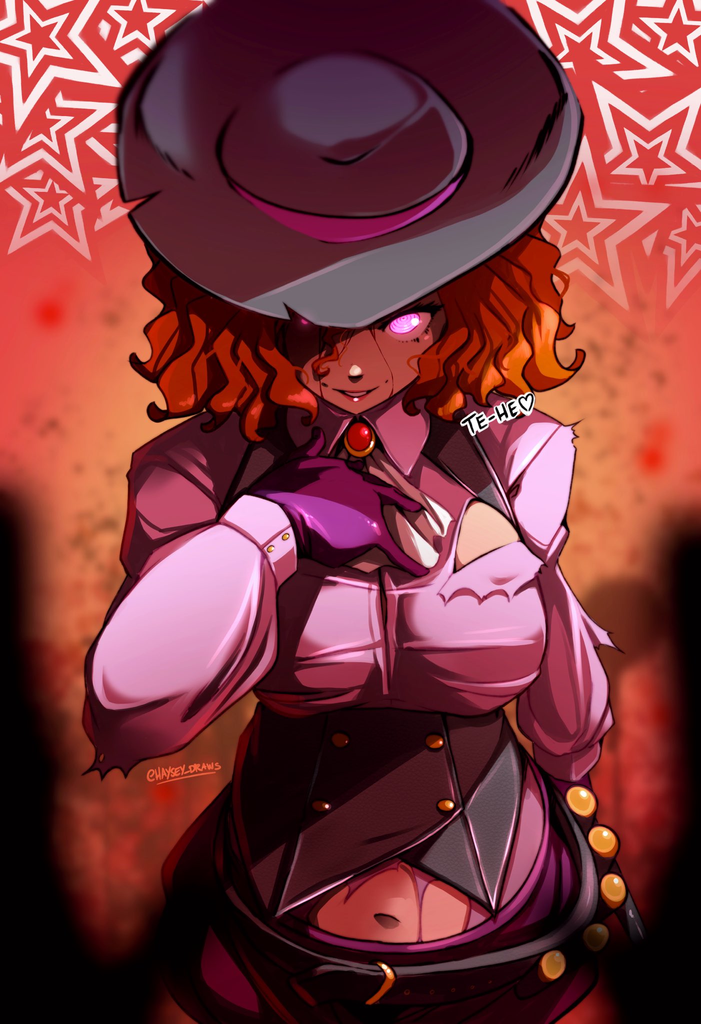 1girl, belt, black_headwear, blood, blood_on_face, breasts, gloves, glowing, glowing_eyes, hat, haysey, highres, large_breasts, lipstick, makeup, navel, okumura_haru, orange_hair, persona, persona_5, shirt, shorts, signature, star_(symbol), torn_clothes, torn_shirt, wavy_hair