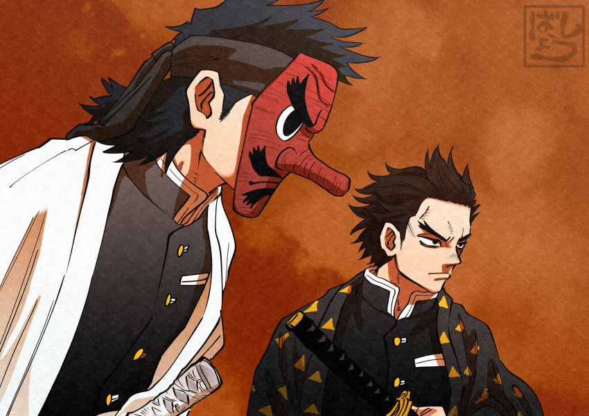 2boys, aged_down, black_coat, black_hair, brown_background, closed_mouth, coat, covered_face