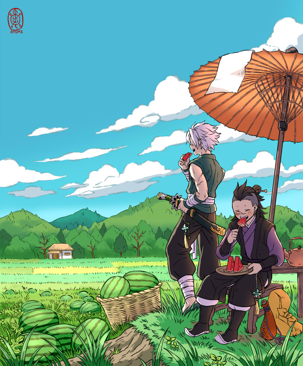 2boys, ^_^, adapted_costume, arm_wrap, bag, basket, bench, black_footwear