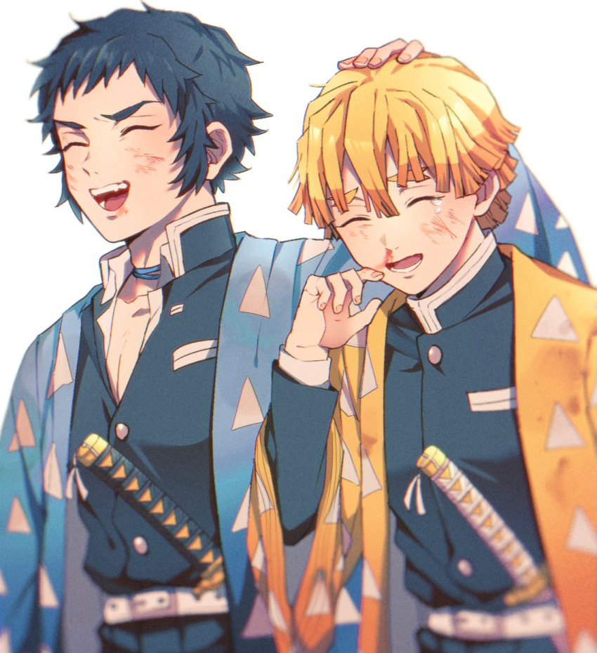 2boys, ^_^, agatsuma_zenitsu, alternate_universe, amata_(pixiv25705097), belt, black_hair, blonde_hair