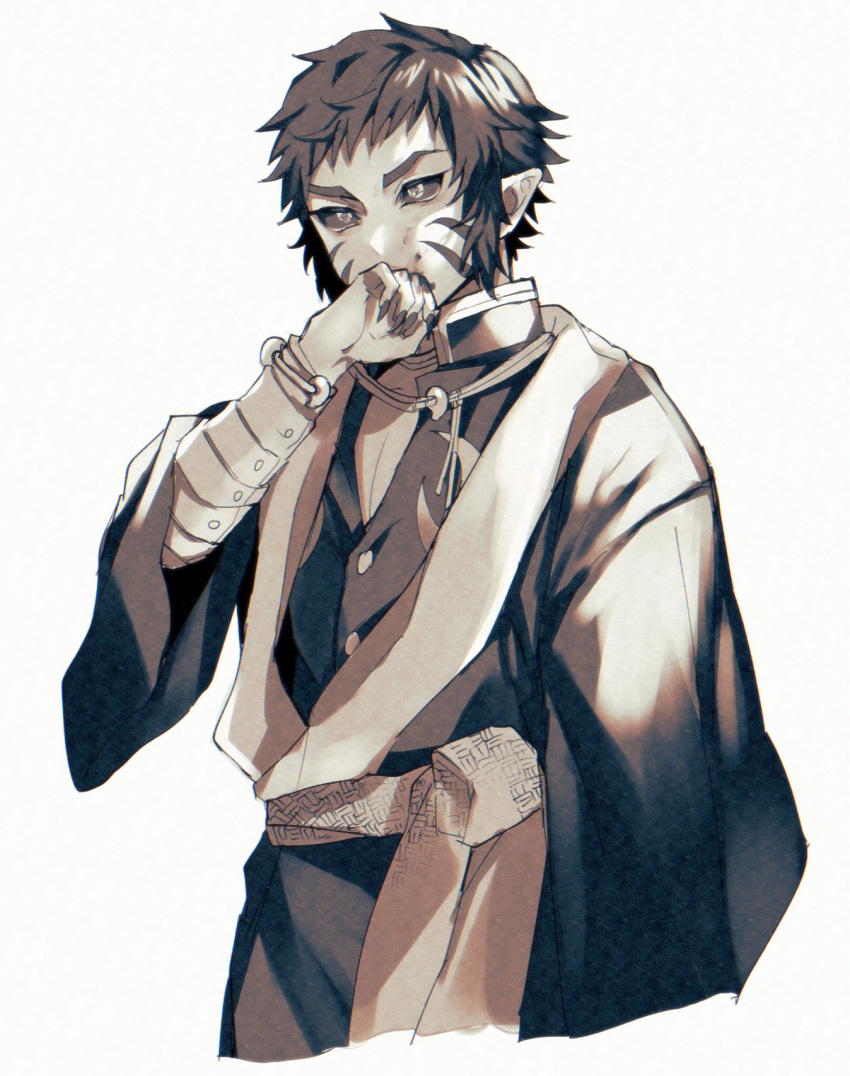 1boy, amata_(pixiv25705097), arm_wrap, bangs, blood, blood_on_face, blood_on_hands, bracelet