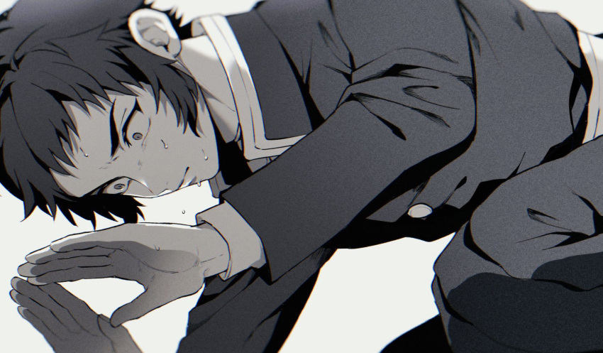 1boy, amata_(pixiv25705097), bangs, belt, demon_slayer_uniform, from_below, from_side, highres