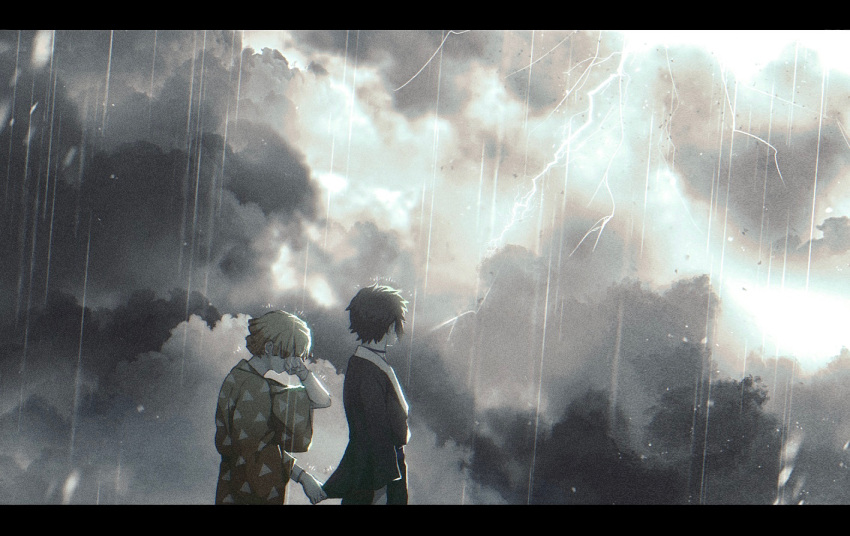 2boys, agatsuma_zenitsu, amata_(pixiv25705097), black_kimono, blonde_hair, choker, clothes_grab, clouds