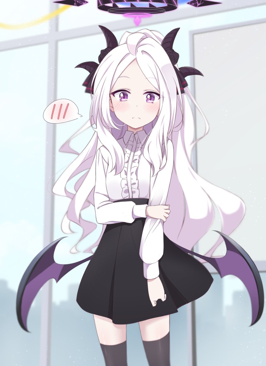 1girl, alternate_costume, bangs, black_skirt, black_thighhighs, blue_archive, blurry, closed_mouth