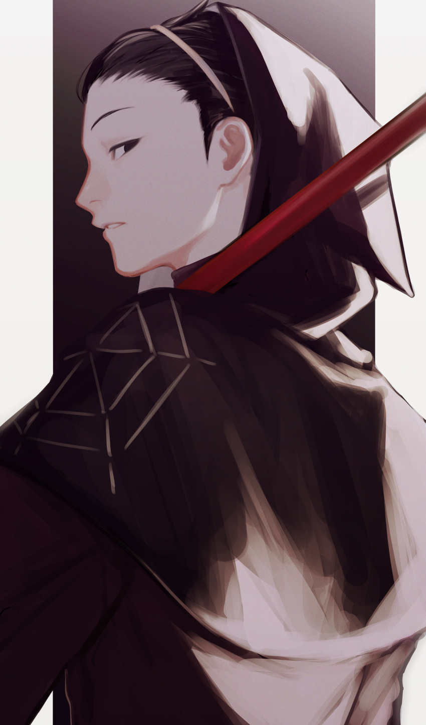 1boy, absurdres, alternate_costume, black_hair, capelet, carrying_over_shoulder, from_behind, hair_slicked_back, hairband, highres, hood, hood_up, hooded_capelet, long_sleeves, looking_at_viewer, male_focus, nennen_(pixiv14003276), parted_lips, polearm, sideways_glance, solo, upper_body, weapon, world_trigger, yoneya_yousuke