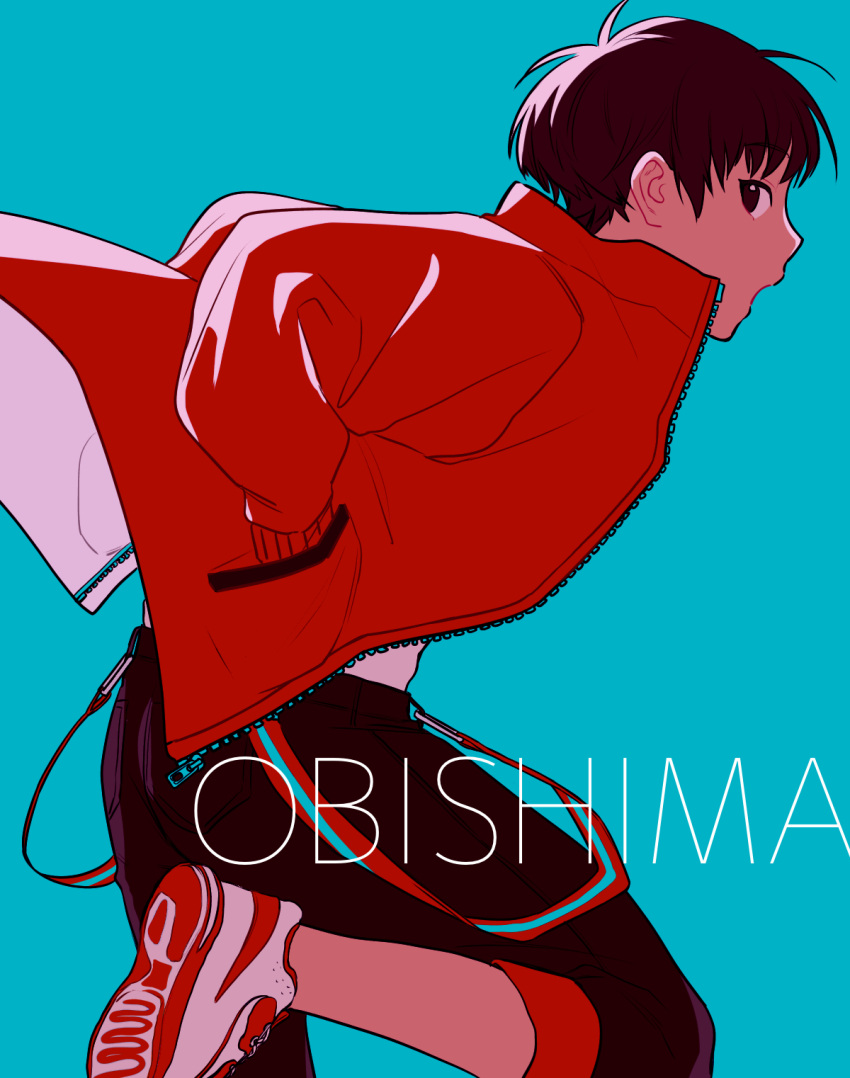 1girl, androgynous, aqua_background, bangs, black_hair, black_pants, blue_background, bowl_cut