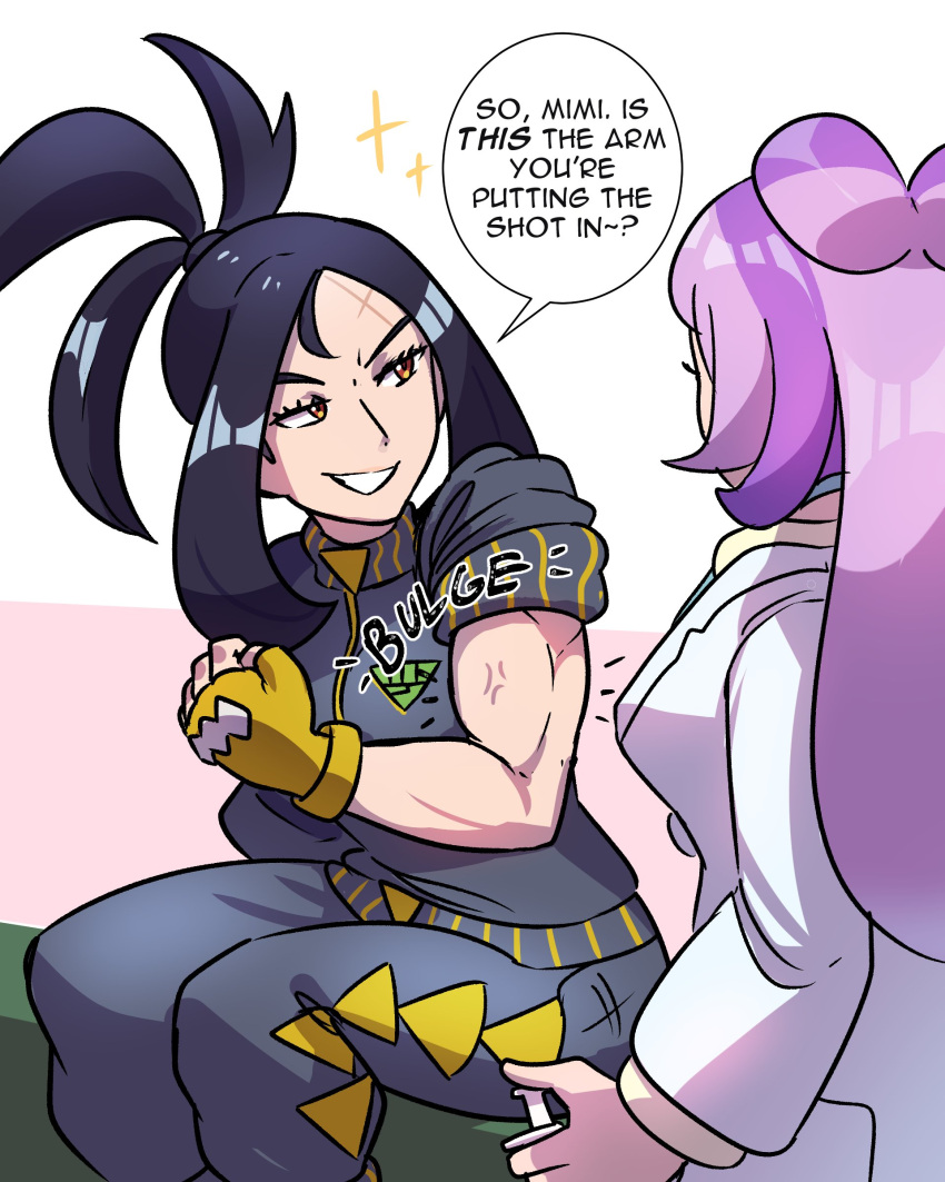 absurdres, black_hair, black_jacket, coat, cross_scar, dendra_(pokemon), fingerless_gloves, flexing