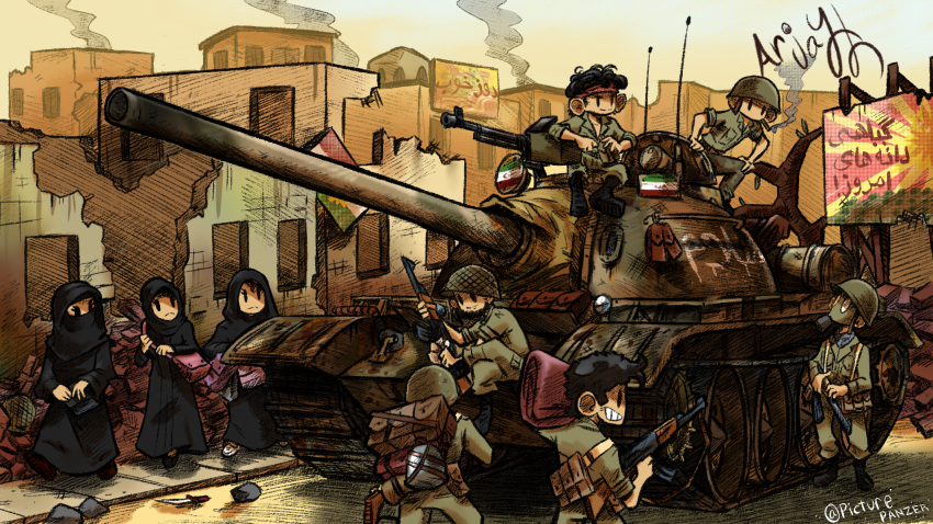 3girls, 6+boys, ammunition_pouch, arabic_text, arjay-the-lionheart, artist_name, assault_rifle, bag