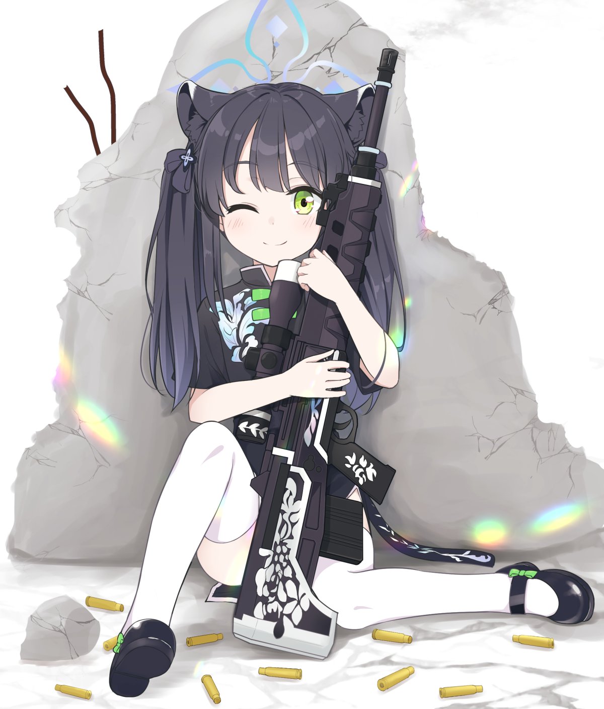 1girl, aged_down, animal_ears, black_dress, black_footwear, black_hair, black_ribbon, blue_archive, bow, bullpup, china_dress, chinese_clothes, closed_mouth, dress, footwear_bow, full_body, green_eyes, gun, hair_ribbon, halo, highres, hoshino_ouka, long_hair, looking_at_viewer, mary_janes, one_eye_closed, qbu-88, ribbon, rifle, rubble, shell_casing, shoes, shun_(blue_archive), shun_(small)_(blue_archive), smile, solo, thigh-highs, twintails, weapon, white_thighhighs