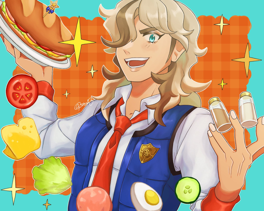 1boy, arven_(pokemon), blue_eyes, blue_vest, brown_hair, cheese, cucumber, cucumber_slice