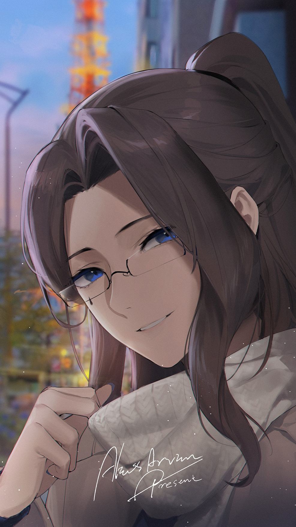 1girl, alios_arvin, bangs, blue_eyes, blurry, blurry_background, brown_hair, close-up, commentary_request, forehead, glasses, grin, high_ponytail, highres, japan, light_particles, long_bangs, long_hair, looking_at_viewer, original, outdoors, parted_bangs, parted_lips, scarf, signature, smile, solo, white_scarf