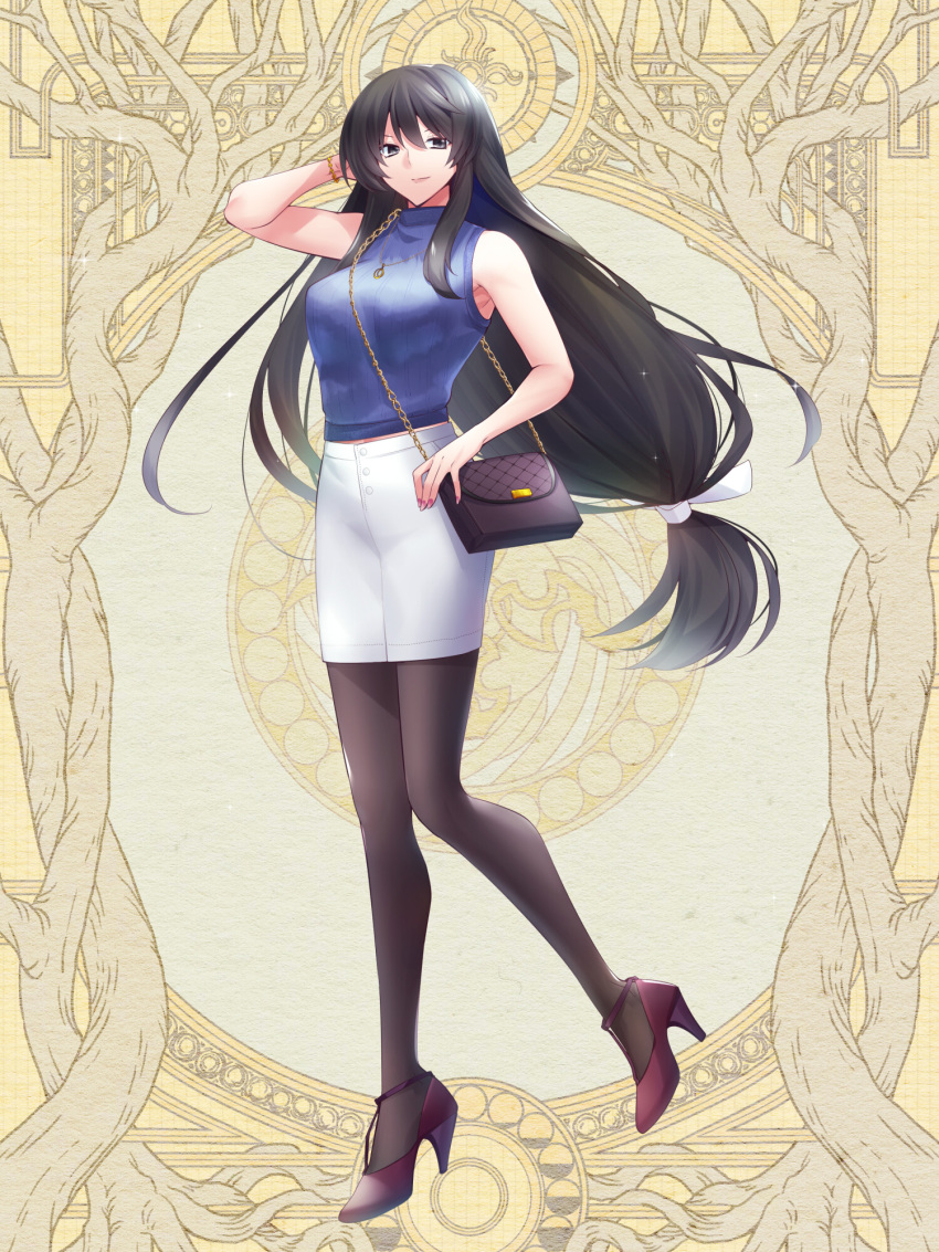 1girl, bag, black_hair, black_pantyhose, blue_shirt, bracelet, brown_footwear, commission