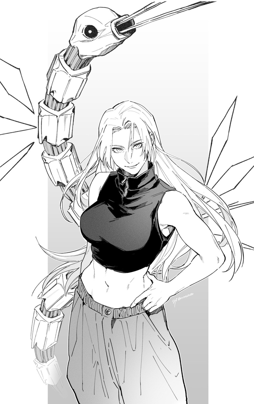 1girl, forehead, garuda_(jujutsu_kaisen), highres, jujutsu_kaisen, long_hair, looking_at_viewer, midriff, monochrome, shikigami, sleeveless, stomach, tntnsososo, tsukumo_yuki_(jujutsu_kaisen)