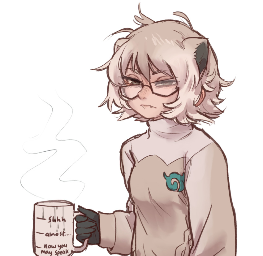 breasts, coffee, coffee_mug, crooked_eyewear, cup, english_commentary, english_text, fang