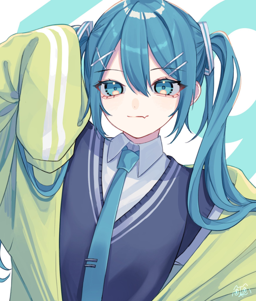 1girl, 39, aqua_eyes, aqua_hair, aqua_necktie, bangs, blue_sweater, cardigan, closed_mouth, collared_shirt, dutch_angle, fang, green_cardigan, hair_ornament, hair_over_shoulder, hairclip, hand_up, hatsune_miku, highres, long_hair, looking_at_viewer, necktie, off_shoulder, shirt, skin_fang, sleeves_past_fingers, sleeves_past_wrists, smile, solo, sweater, tie_clip, twintails, upper_body, vocaloid, white_shirt, x_hair_ornament, yoruse