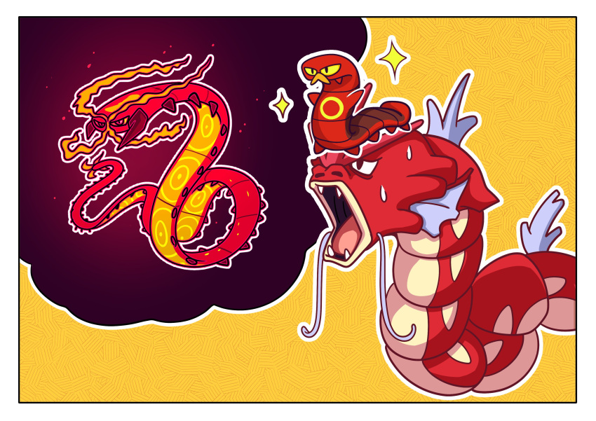 absurdres, border, centiskorch, fukidashi_cotton, gigantamax, gigantamax_centiskorch, gyarados, highres
