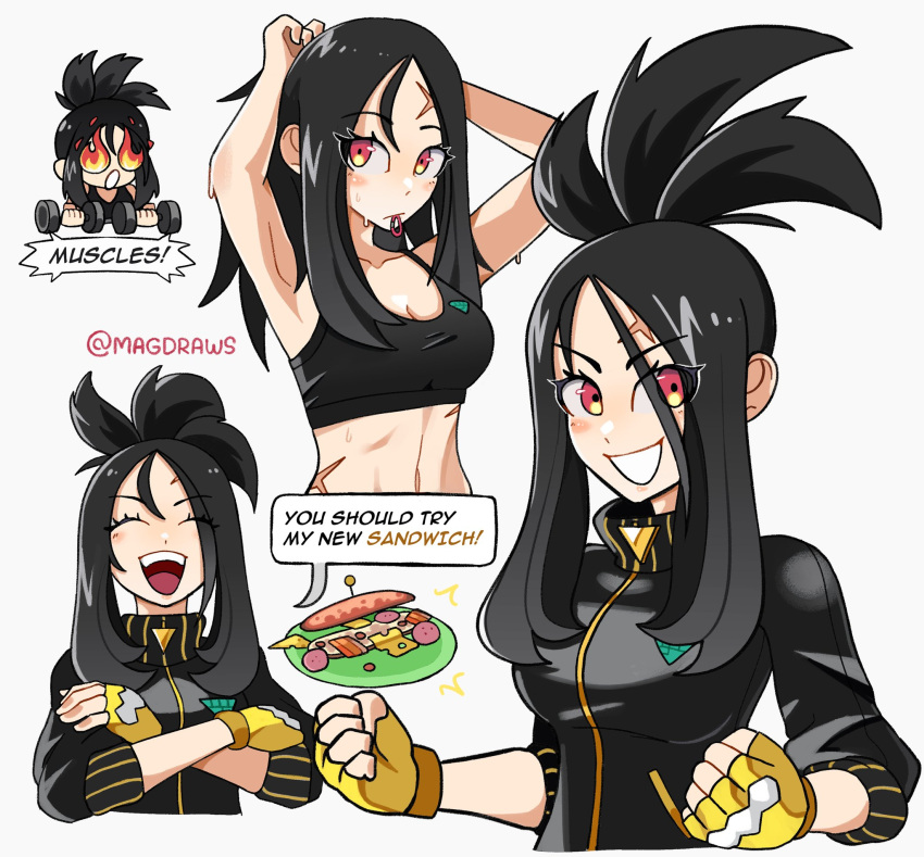 1girl, black_hair, black_jacket, breasts, cross_scar, dendra_(pokemon), exercise, fingerless_gloves, food, gloves, hair_down, highres, jacket, long_hair, looking_at_viewer, mag_(magdraws), midriff, multiple_views, open_mouth, pokemon, pokemon_(game), pokemon_sv, ponytail, sandwich, scar, scar_on_face, scar_on_forehead, smile, solo, speech_bubble, track_jacket, weightlifting, yellow_gloves