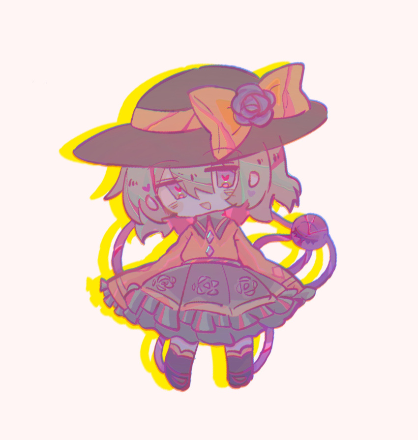 1girl, black_headwear, blue_flower, blue_rose, chibi, collared_shirt, flower, frilled_skirt