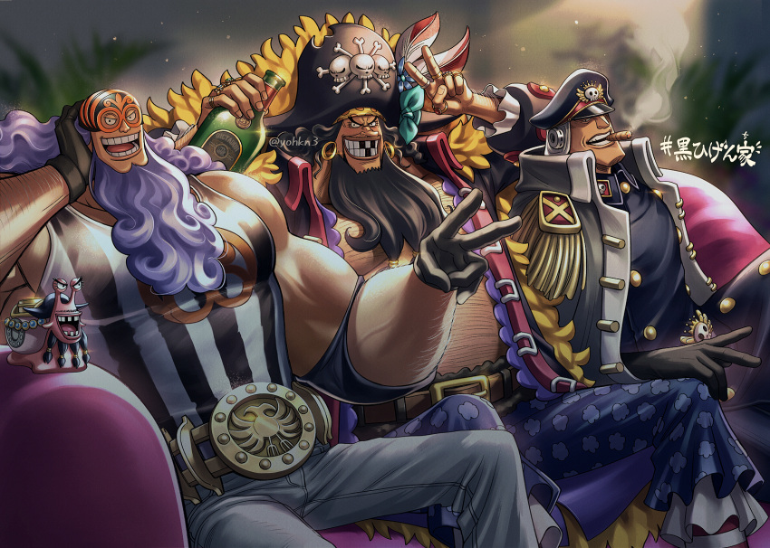 3boys, bare_shoulders, beard, black_hair, blurry, blurry_background, bottle, camisole, cigar, coat, coat_on_shoulders, couch, earrings, elbow_rest, eye_mask, facial_hair, fat, fat_man, gloves, grin, hand_on_own_face, hat, head_rest, highres, hoop_earrings, indoors, jacket, jesus_burgess, jewelry, large_pectorals, leaning_to_the_side, long_hair, long_sleeves, looking_at_viewer, male_focus, marshall_d._teach, mask, missing_teeth, mouth_hold, multiple_boys, muscular, muscular_male, obese, on_couch, one_piece, open_clothes, open_coat, pectorals, pirate, pirate_hat, purple_hair, ring, shiryuu_(one_piece), sitting, smile, smoke, smoking, stomach, v, wrestling_mask, youkan_(tako)