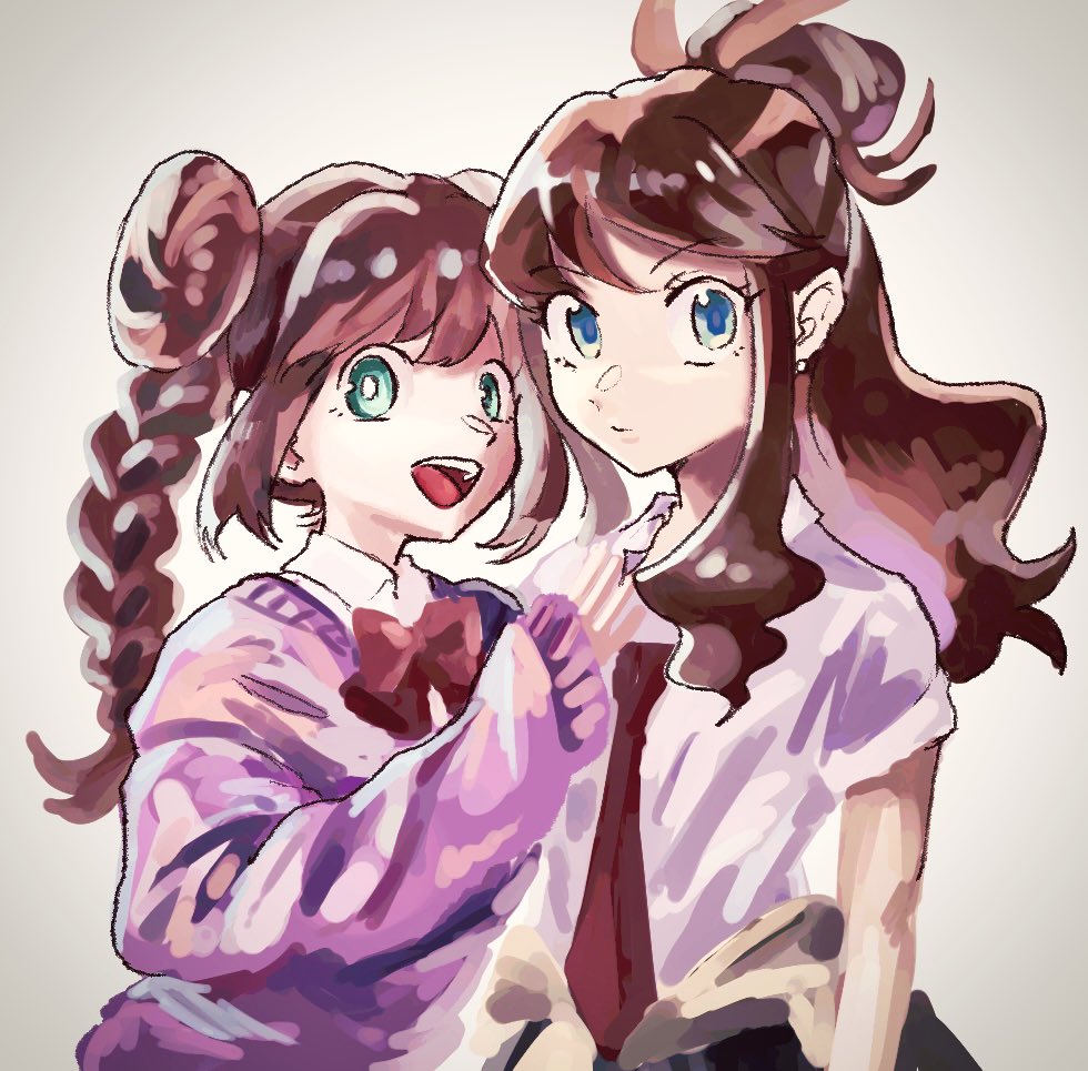 2girls, :d, alternate_costume, alternate_hairstyle, antenna_hair, aqua_eyes, bangs, black_skirt