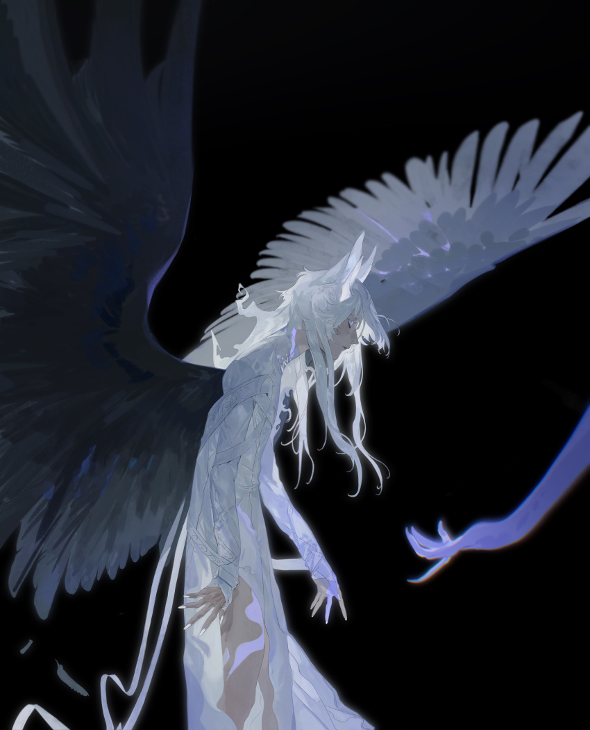 1boy, absurdres, androgynous, animal_ears, bangs, beckoning, black_background, black_wings