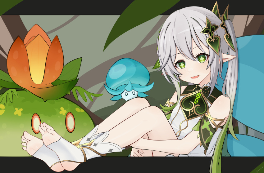 1girl, :d, absurdres, bangs, bloomers, blurry, commentary_request, depth_of_field, detached_sleeves, dress, forest, fungi_(genshin_impact), genshin_impact, gradient_hair, green_eyes, grey_hair, hair_between_eyes, hair_ornament, highres, hugging_own_legs, long_hair, looking_at_viewer, multicolored_hair, nahida_(genshin_impact), nature, paralier, plant, pointy_ears, short_sleeves, side_ponytail, sidelocks, sitting, slime_(genshin_impact), smile, soles, stirrup_legwear, symbol-shaped_pupils, toeless_legwear, toes, underwear, white_dress