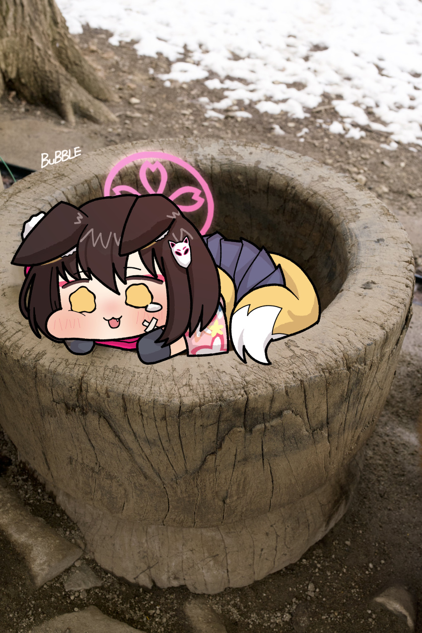 1girl, absurdres, animal_ears, bangs, black_hair, blue_archive, bubble99, chibi, commentary_request, crying, crying_with_eyes_open, ears_down, eyeshadow, fox_ears, fox_girl, fox_hair_ornament, fox_tail, hadanugi_dousa, hair_between_eyes, halo, highres, in_container, izuna_(blue_archive), japanese_clothes, jazz_jack_(style), long_sleeves, lying, makeup, medium_hair, on_stomach, one_side_up, parody, photo_background, pleated_skirt, school_uniform, sidelocks, skirt, solo, style_parody, tail, tears, yellow_eyes