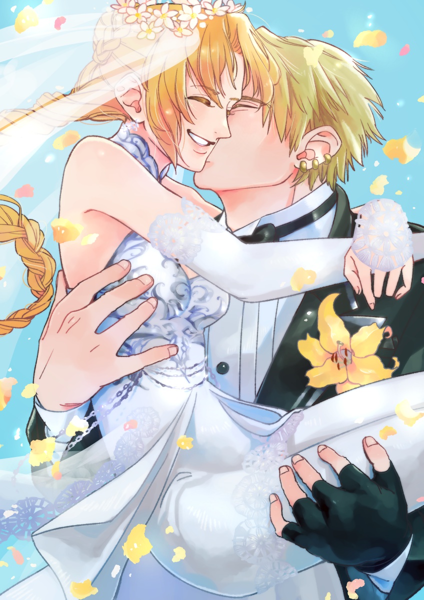 1boy, 1girl, blonde_hair, braid, breasts, bridal_veil, cliff_fittir, dress, elbow_gloves, fingerless_gloves, flower, formal, gloves, highres, long_hair, mirage_koas, simple_background, single_braid, smile, sowasan_(sowasowa), star_ocean, star_ocean_till_the_end_of_time, suit, veil, wedding_dress, white_dress
