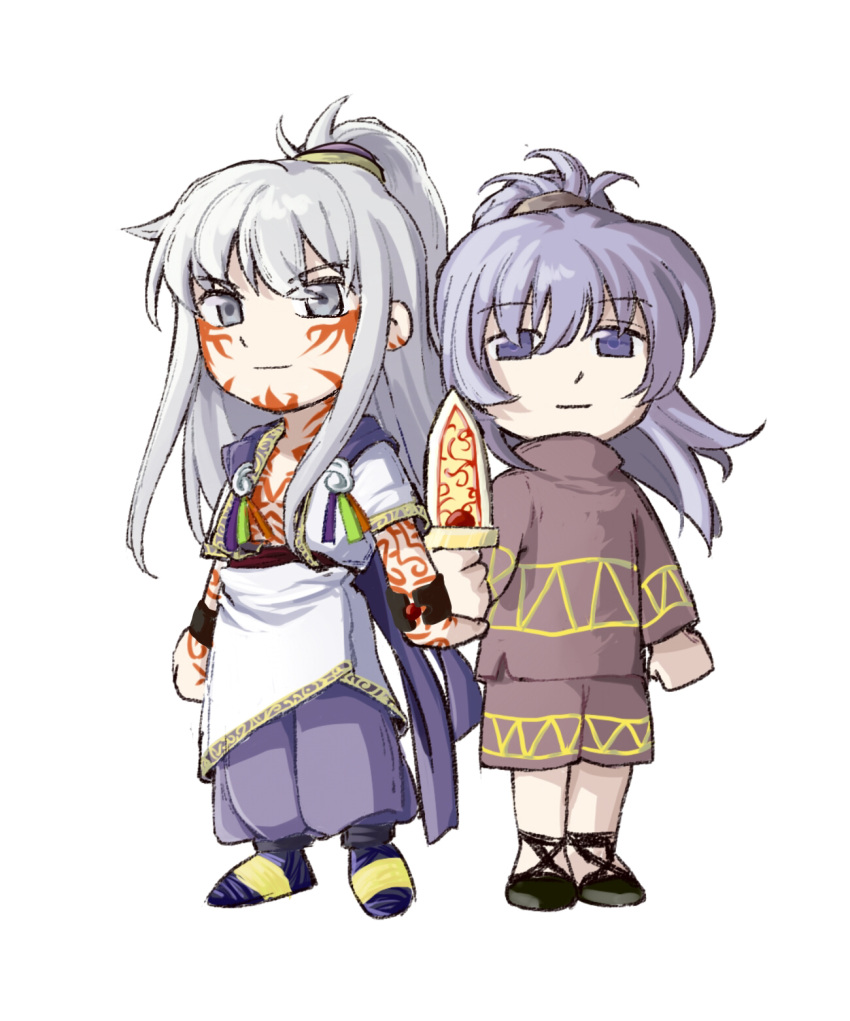 2boys, arcturus, bangs, black_footwear, brown_shirt, brown_shorts, chibi, closed_mouth