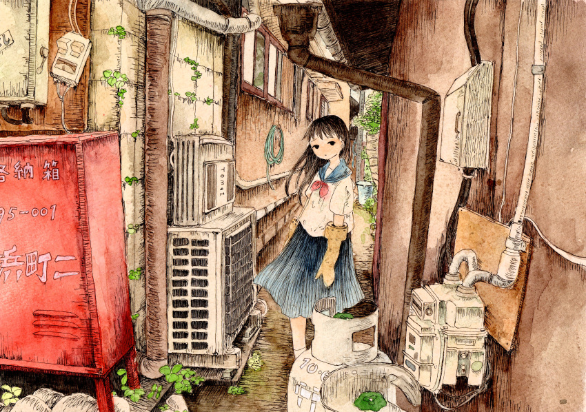 1girl, absurdres, air_conditioner, alley, black_eyes, blue_skirt, brown_gloves, brown_hair