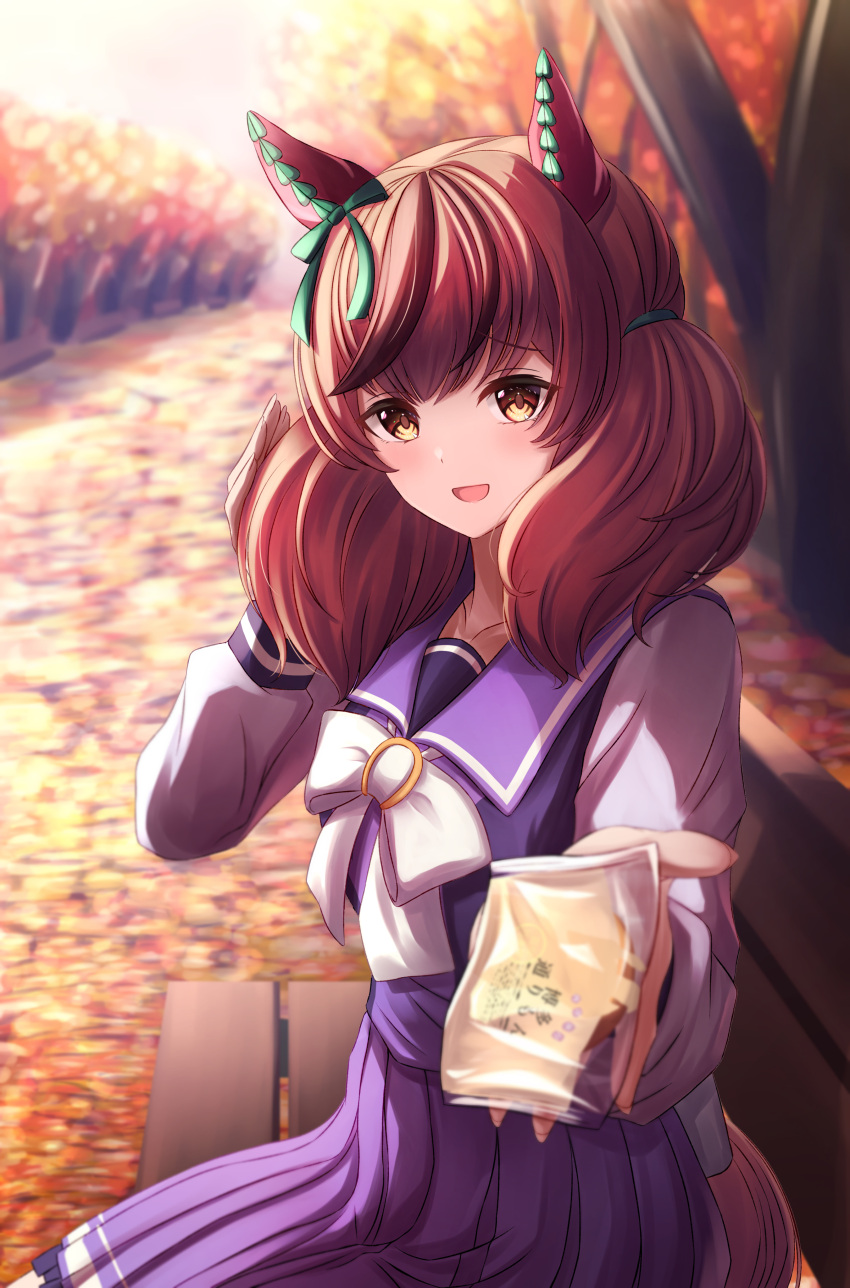 1girl, absurdres, animal_ears, autumn_leaves, bench, blush, bow, bowtie