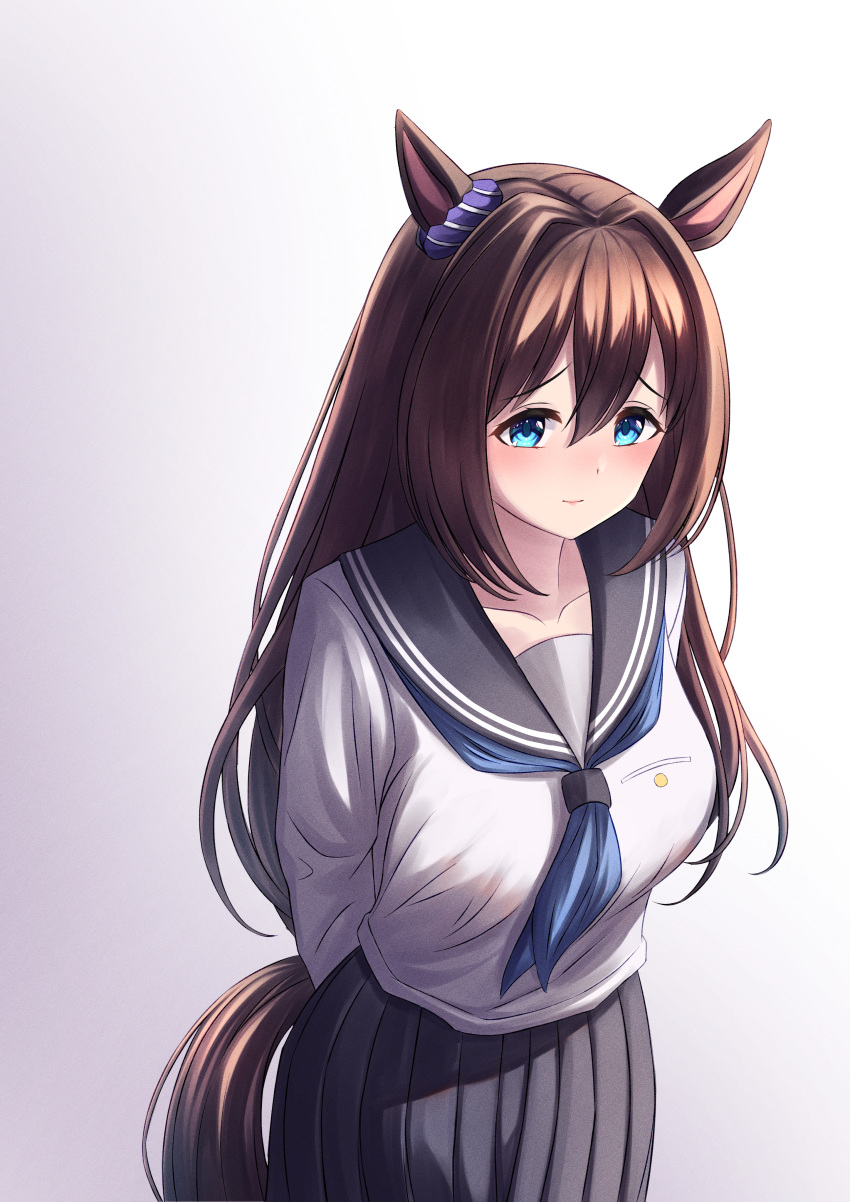 1girl, absurdres, animal_ears, arms_behind_back, black_sailor_collar, black_skirt, blue_eyes, blue_neckerchief