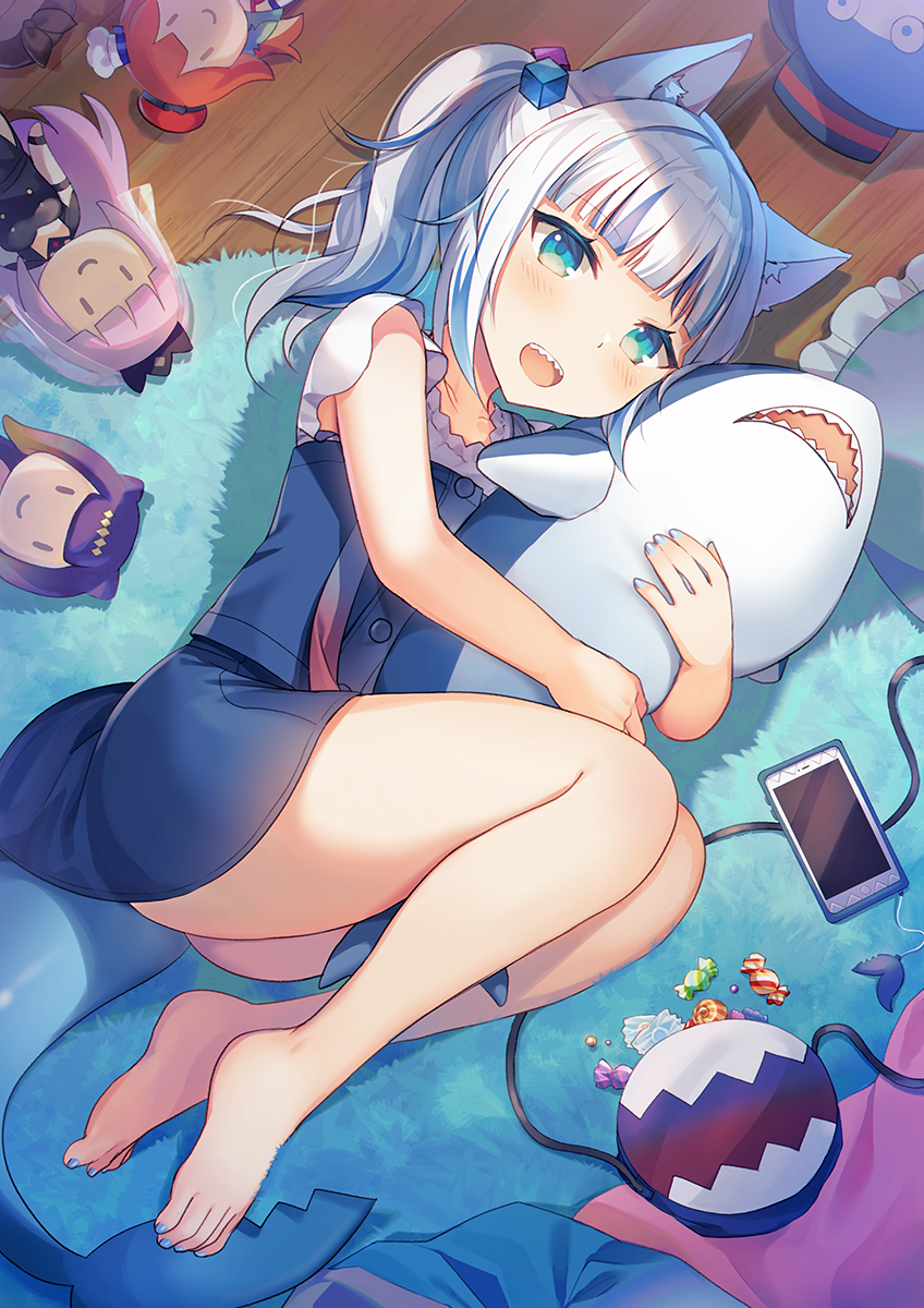 1girl, animal_ears, bag, bangs, barefoot, bloop_(gawr_gura), blue_eyes, blue_hair