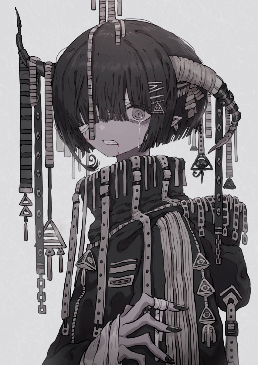 1girl, absurdres, asymmetrical_horns, bags_under_eyes, bandage_over_one_eye, bandaged_arm, bandages, bangs