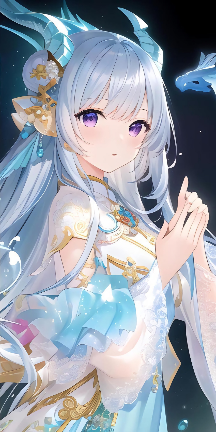 absurdres, blue_horns, dragon_horns, dress, hair_ornament, highres, horns, long_hair, looking_at_viewer, non-web_source, violet_eyes, wangzhe_rongyao, white_dress, white_hair, xishi