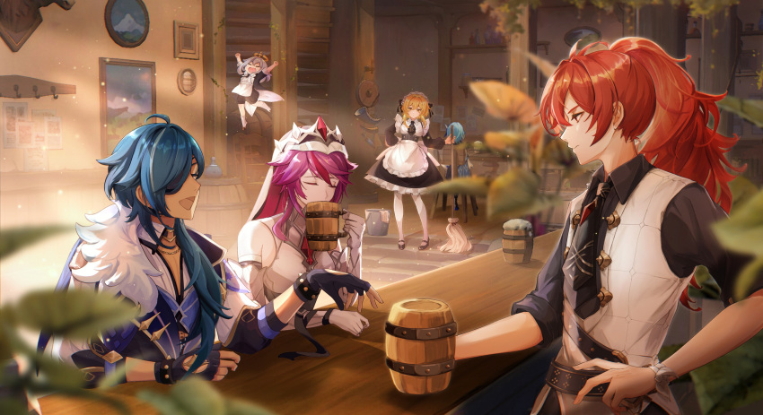 2boys, 4girls, absurdres, alternate_costume, apron, bar_(place), barrel, black_dress
