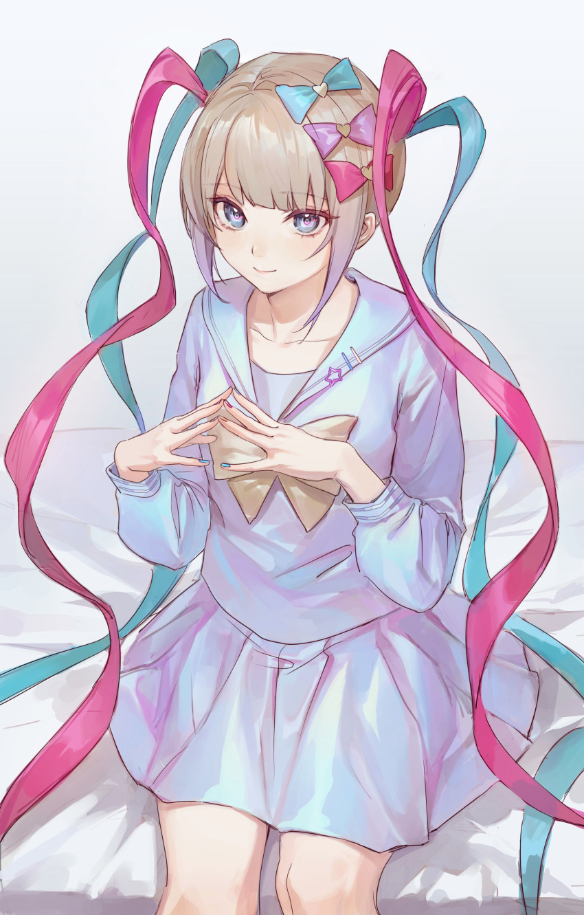 1girl, absurdres, blonde_hair, blue_bow, blue_eyes, blue_hair, blue_shirt, blue_skirt